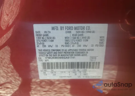 2025 Ford Explorer St-Line z USA, uszkodzony, nr VIN 1FMUK8KH0SGA61741